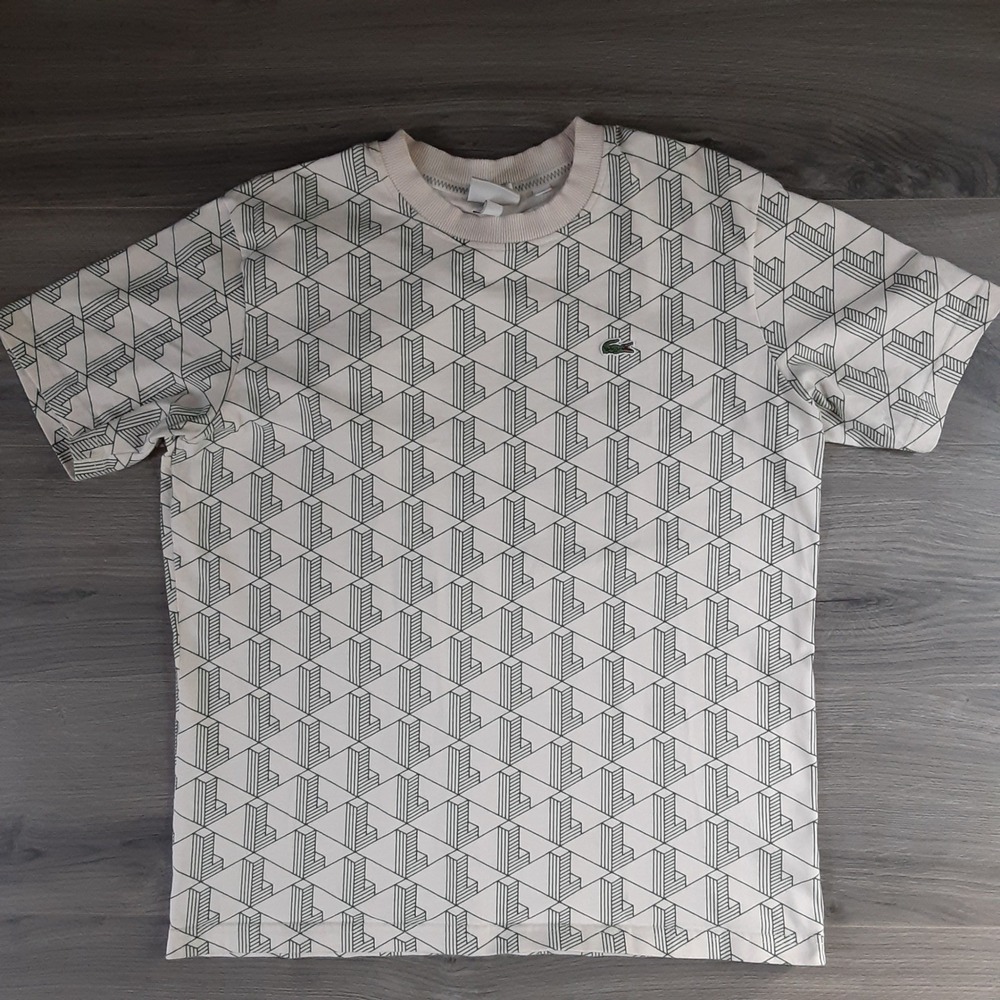 Lacoste L!VE Unisex Relaxed Fit Monogram Geometric Print T-Shirt Size Large Flaw
